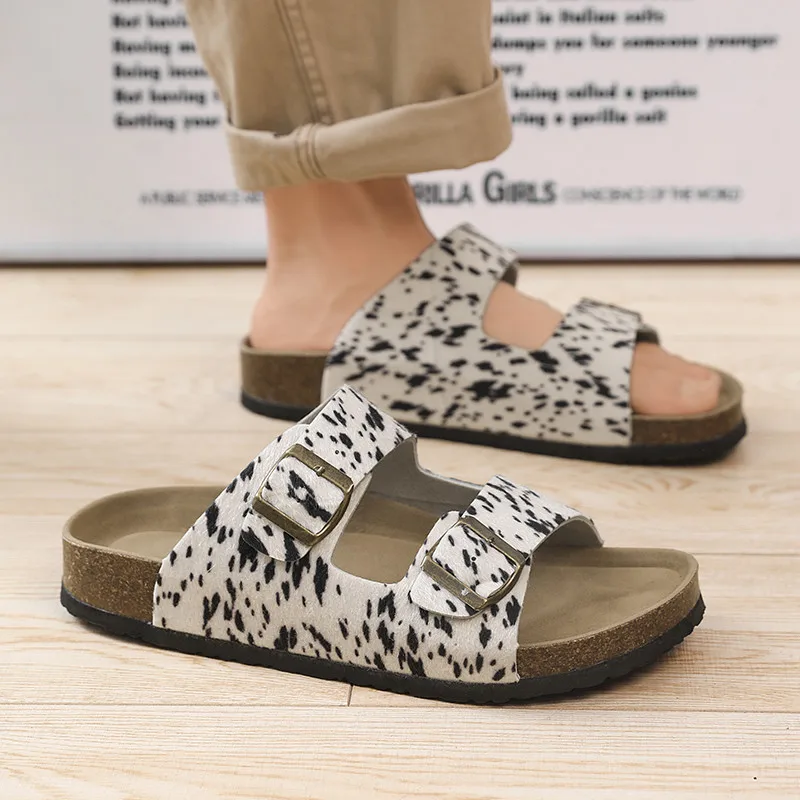 

Summer Bestseller Cork Men's Flip-flops: Anti-slip, Leopard Print Recycled Leather Surface,fashionable and Versatile Sandals