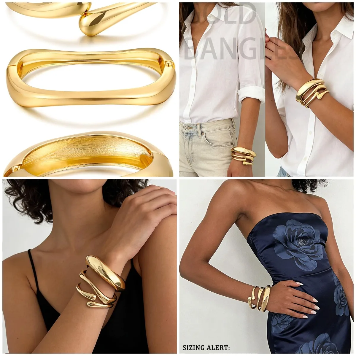Pulseras de Oro Gruesas para Mujer, Elegantes Brazaletes Apilables Grandes Chapados en Oro de 14k, a la Moda