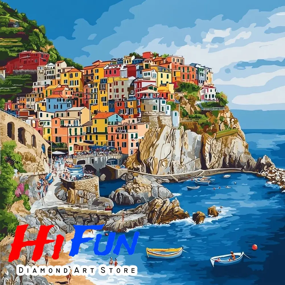 

Diamond Mosaic Full Round Square Cinque Terre Italy Travel Poster Diamond Painting Art Italian Riviera Living Room Wall Decor