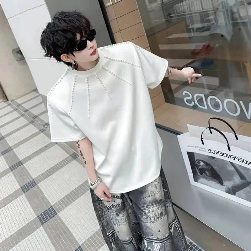 LUZHEN Short 2026 Summer Shoulder Original Pearl Pad Patchwork Design Sleeve T-shirts Men Trendy Handsome Round Neck Tops JY7727