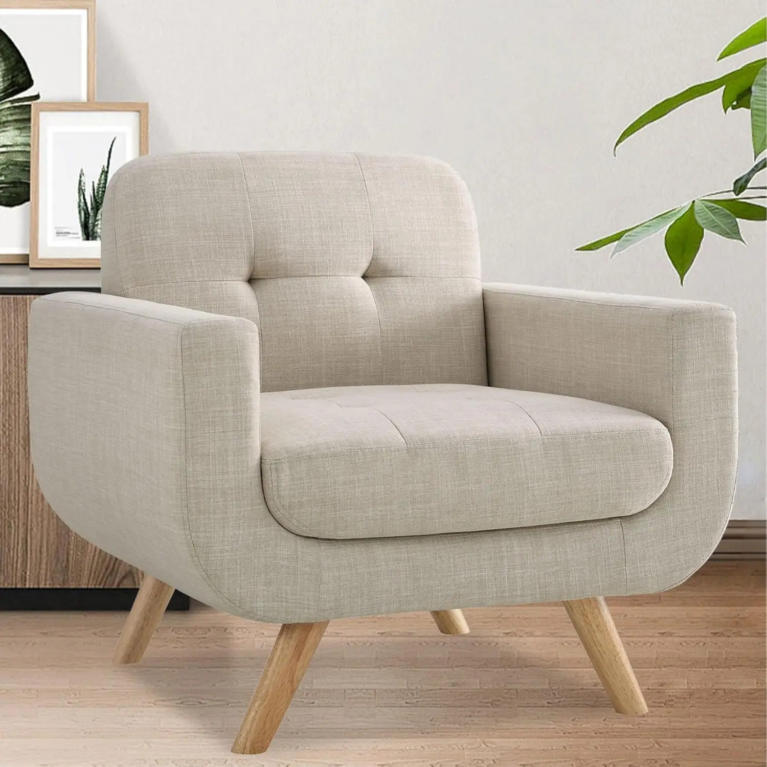 

Elena Contemporary Accent Armchair With Linen Upholstery Living Room Furniture, 1Seat, Light Beige
