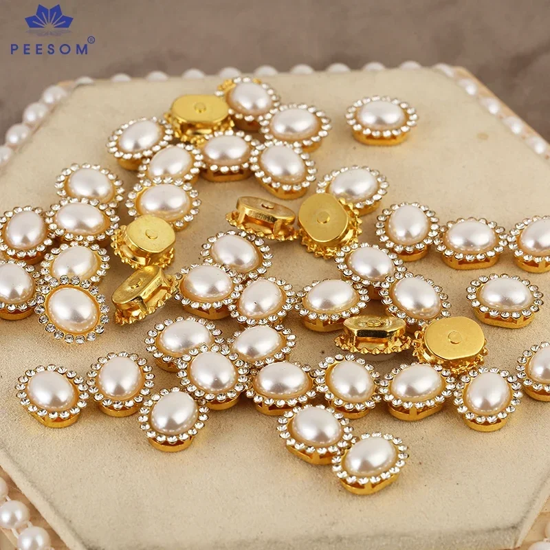 PEESOM 20pcs 8x10mm Pearl Oval Sew On Stone with Gold Claw Setting Oval Glass Crystal Rhinestone for Sewing Garment Accessories