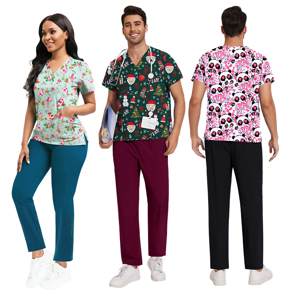 Bedrucktes Scrubs-Oberteil mit Taschen, gerade Hose, V-Ausschnitt, OP-Uniformen, Damen, Herren, Pet Shop, Arbeitskleidung, Arzt, Krankenschwester