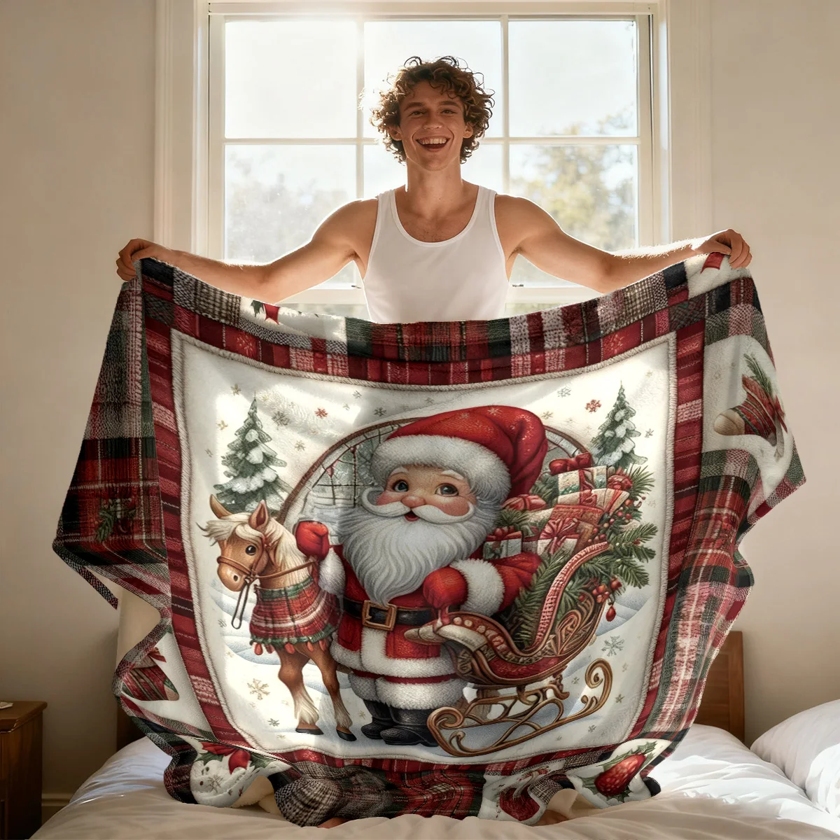 1 Stück Flanelldecke mit Aufdruck „Merry Christmas Santa Claus“, verschiedene Größen, bequem, für Nickerchen, Freizeit, maschinenwaschbar