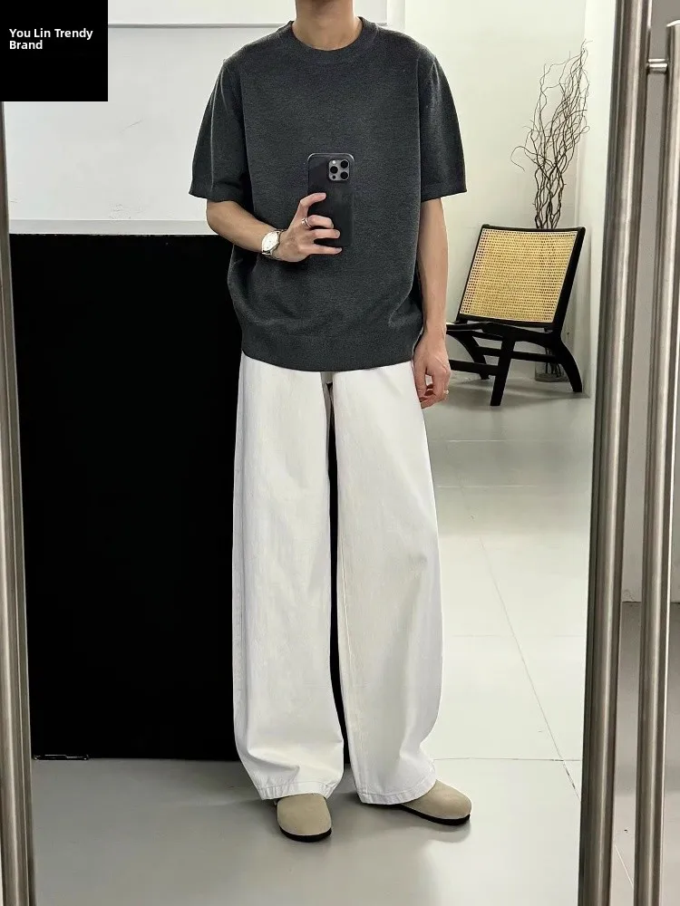 

Cleanfit White Men's Jeans Loose Straight Leg Drapey High Waist Denim Pants Long Leg Length American Sle Casual Wear