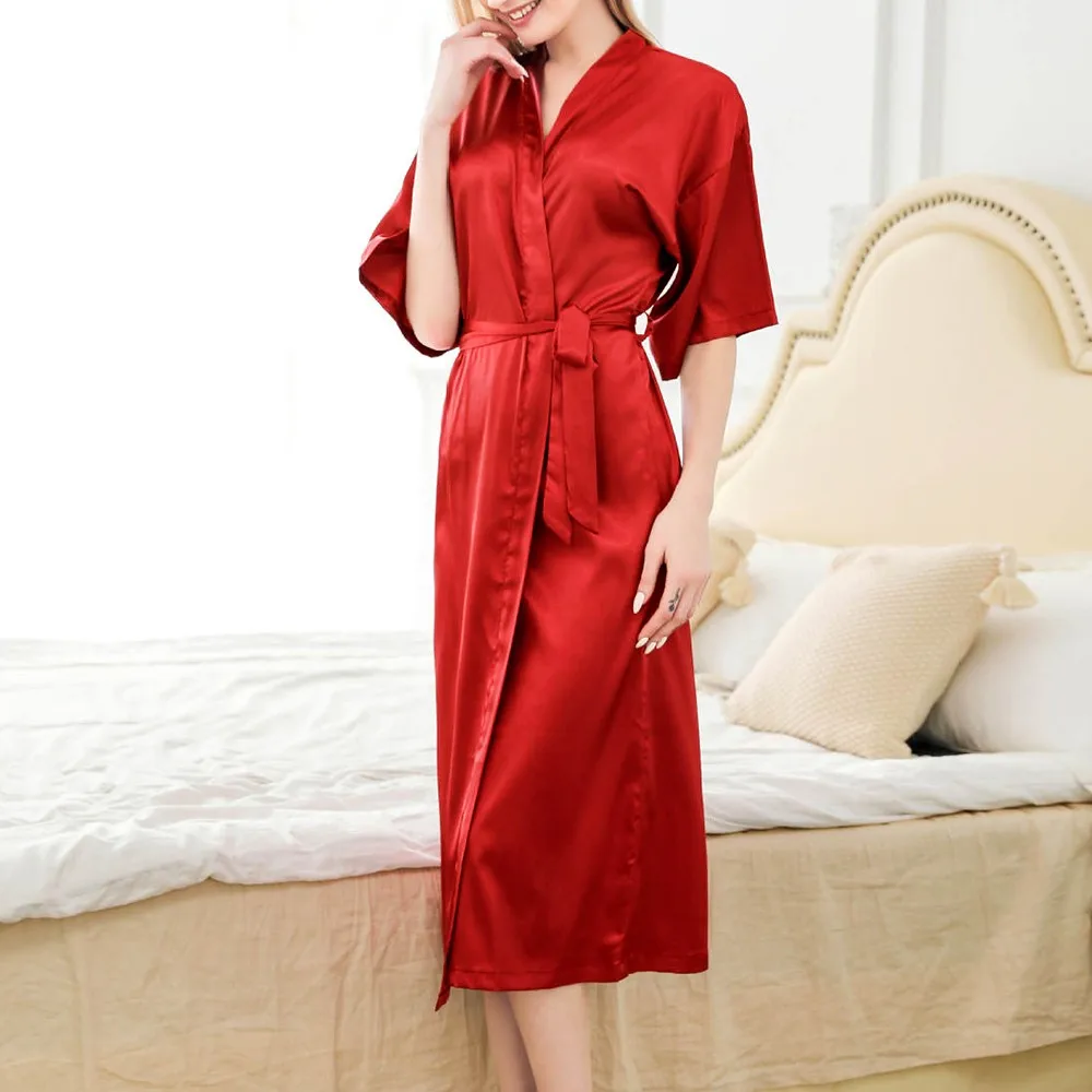 Womens Satin Long Robe Wedding Dressing Gown Sleepwear Lingerie Nightdress Bathrobe Dressing Long Gowns Silky Night Wear Gown