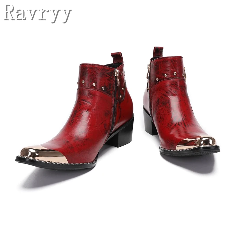 Luxury Brand Genuine Leather Prints Men Boots Metal Capped Toe Rivets Zip Ankle Boots Elegant Male Luxury Dress Wedding Shoes