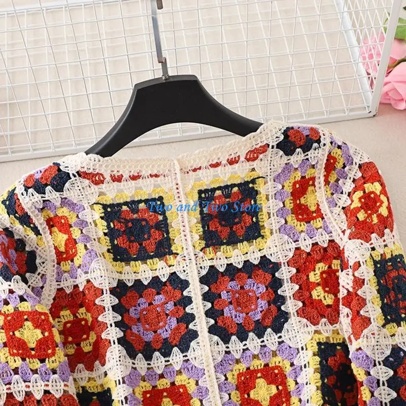 HX6F Women Long Sleeve Cardigan Hollow Crochet Knit Geometric Button Sweater for Jack