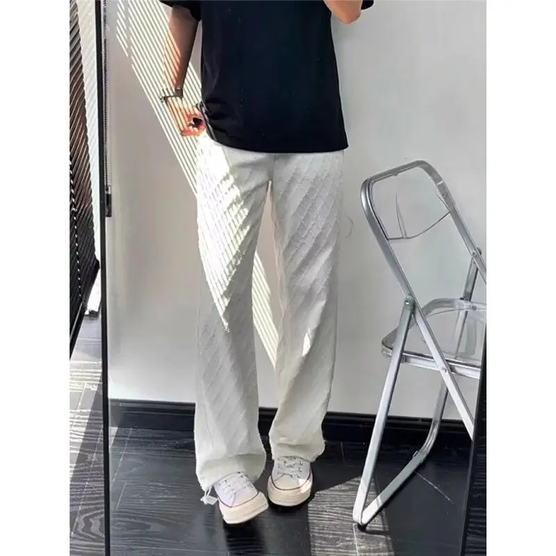 

High Waist Embroidered Denim Jeans Men's Autumn Knitted Wide Leg Pants Slimming Loose Floor-Length Casual Trousers