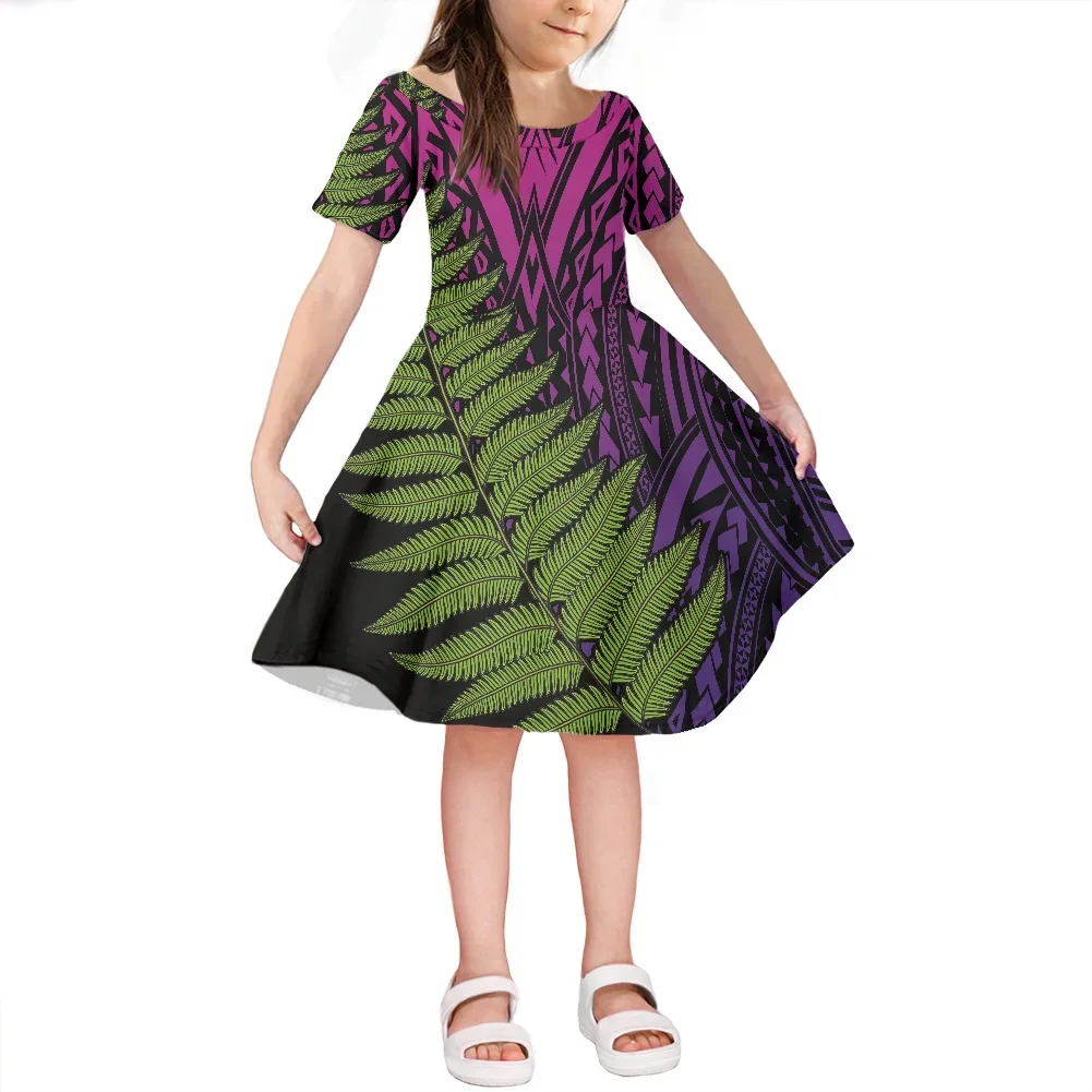 Cute Polynesian Tribal Vintage Tattoo Prints Dress for Girls, Casual Dress, Princess Party Clothing, Round Neck, Summer Fashion