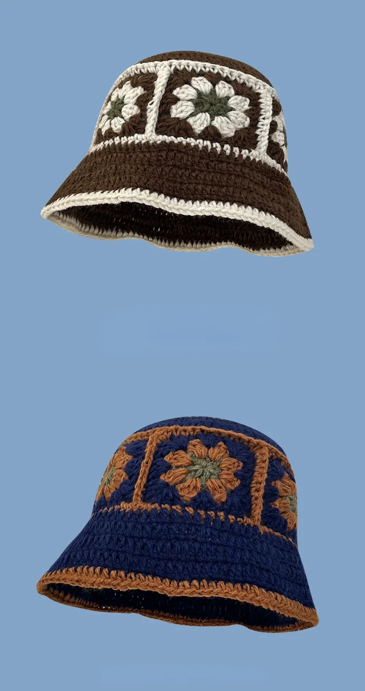 2026 NEU Japanische handgefertigte Blumen- und Karomuster-Häkel-Eimerhüte für Damen, Sommer-Fischermütze mit Farbkombination, gestrickte Strandmütze für Mädchen, Y2k – Detail 19