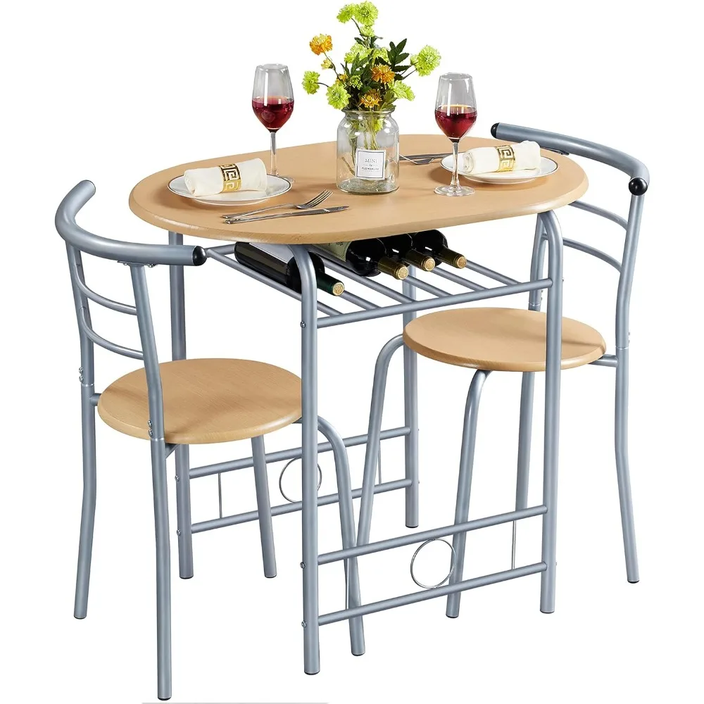 

3 Piece Dining Table Set, Kitchen Table & Chair Sets for 2, Compact Bistro Table Set with Steel Legs, Built-in Wine Rack for Sm