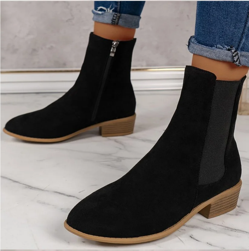 New Plus Size 35-43 Casual Fashion Ankle Boots Women Suede Leather Zipper Chelsea Boots Women's Autumn Winter Chunky Heels Shoes