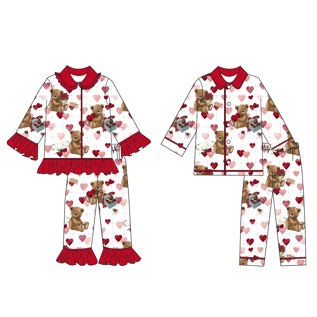 

New Children Valentine's Day Pajamas Clothing Set Confession Balloon Cartoon Bear Heart Print Boys Girls Sleepwear Outfits