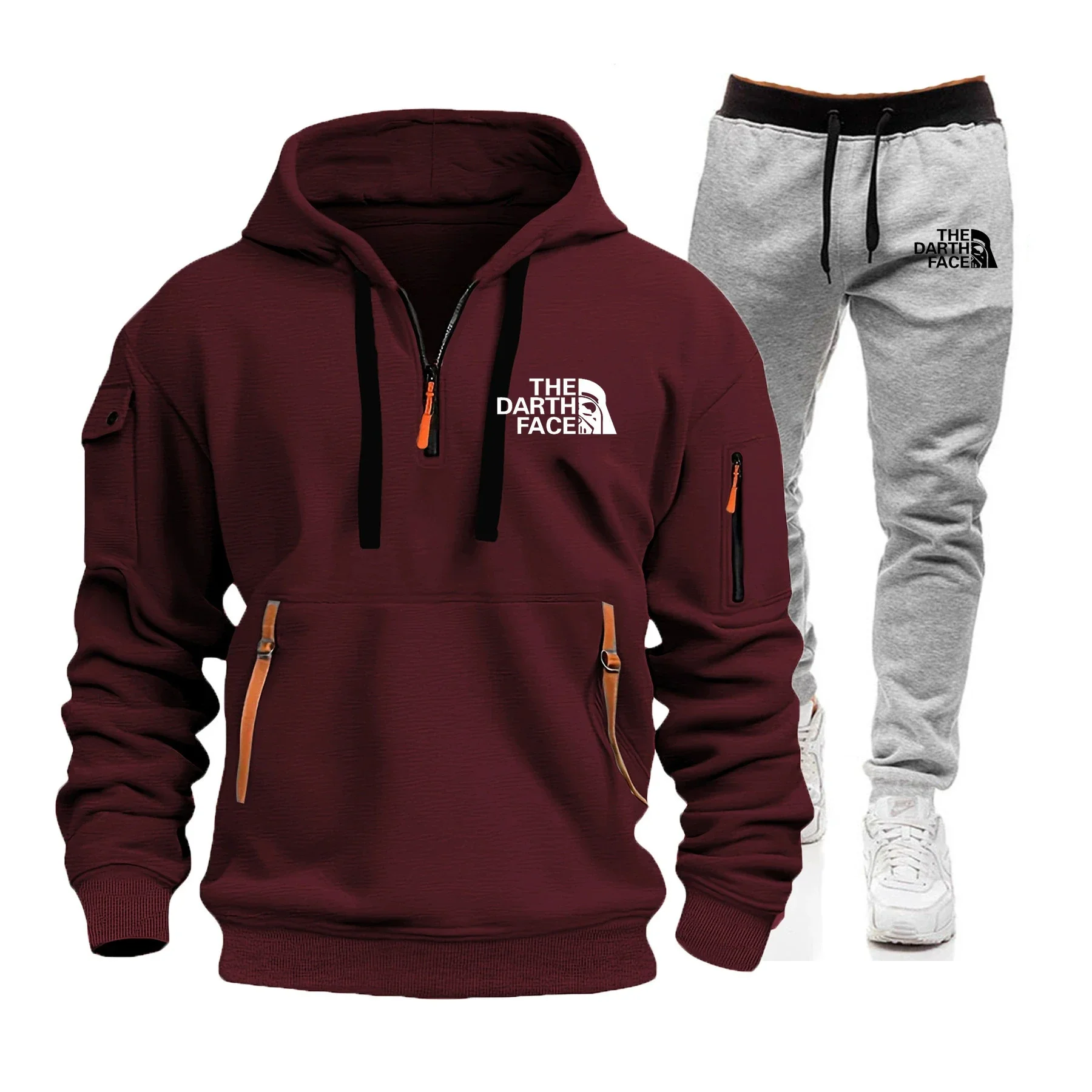 

Men's fashion casual striped semi-zipper pocket hoodie, men's hoodie + printed jogging pants two-piece men's sportswear set