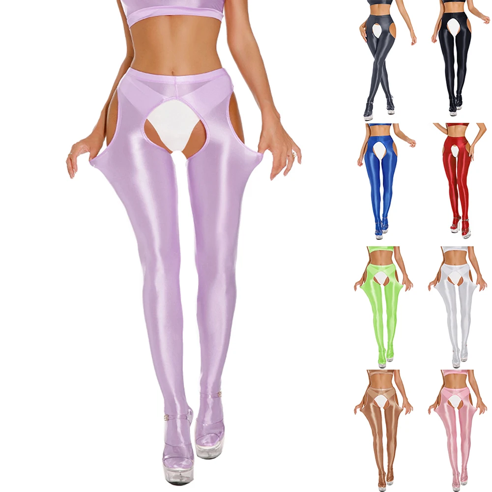 Women Sexy Leggings Hollow Glossy Shiny Sheer Stretchy Open Crotch Skinny Dance Yoga Pants Open-End Temptation Uniform