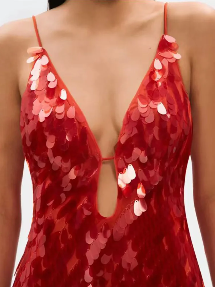 V-Neck Hollow Out Zipper Maxi Dress, Women Spring Sleeveless Sequined Party Dress, Backless Red Color Ladies Dress Streetwear