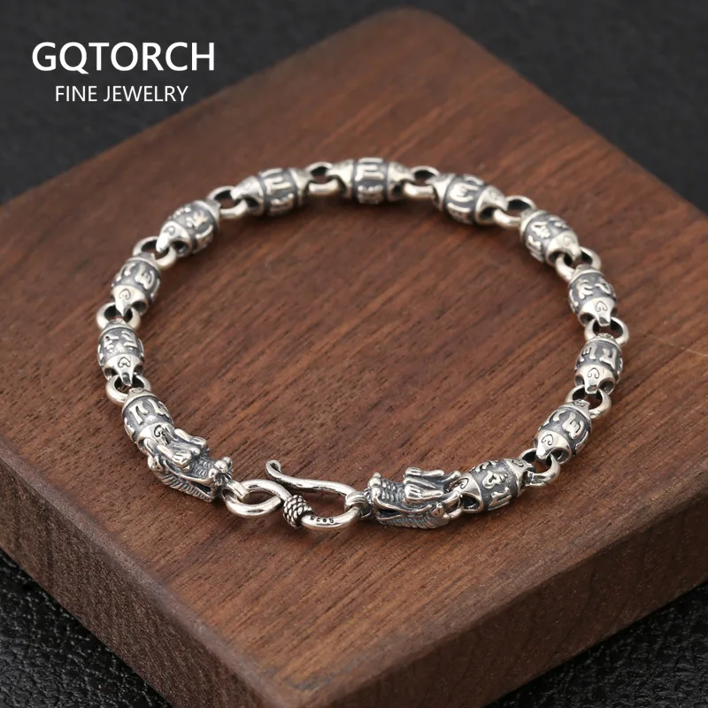 925 Sterling Silver Six Words Beaded Chain 6mm Mantra Bracelet For Men with Double Dragon Heads