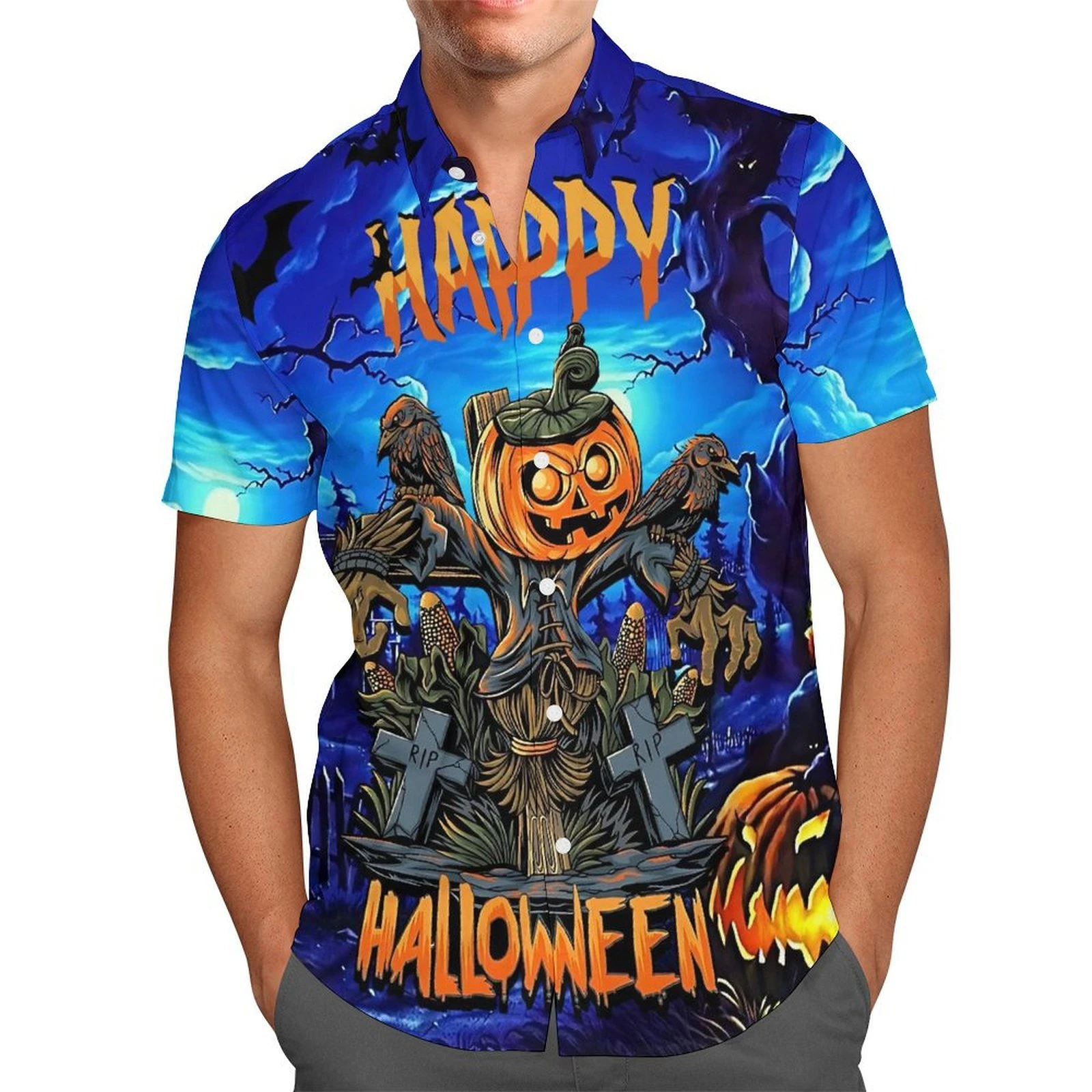 

Happy Halloween Graphic Hawaiian Shirts For Men Clothes Harajuku Fashion Pumpkin Zombies Horror Blouses Ghost Lapel Blouse Tops