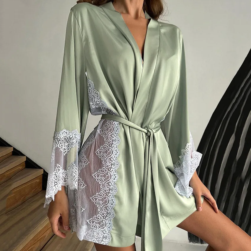 Green Lace Patchwork Nightgown Robes for Women Satin Sleepwear Long Sleeve Kimono Bathrobe Gown Spring New Nightdress Loungewear