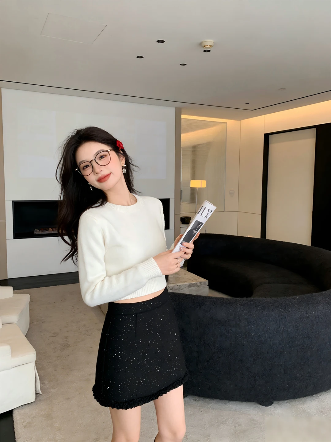 

Осенне-зимняя корейская шерстяная юбка с пайетками, облегающая, А-силуэта, с деревянным узором, элегантная, маленькая, в стиле фра.