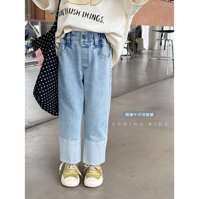 Aimo Beibei2024New Autumn Pants Girls' Casual Fashionable Micro-Elastic Color Contrast Patchwork Trendy Jeans