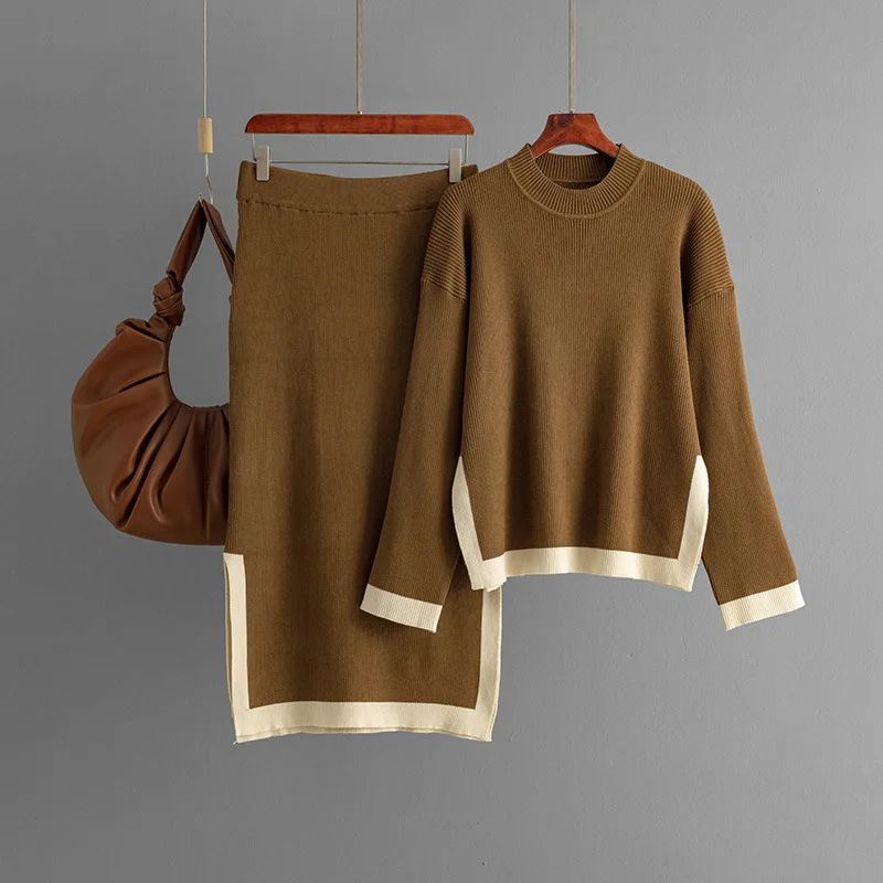 Conjuntos elegantes de dos piezas para mujer, faldas de punto, traje de otoño para mujer, nuevo diseño de moda, suéter con cuello redondo en contraste, Tops, falda dividida