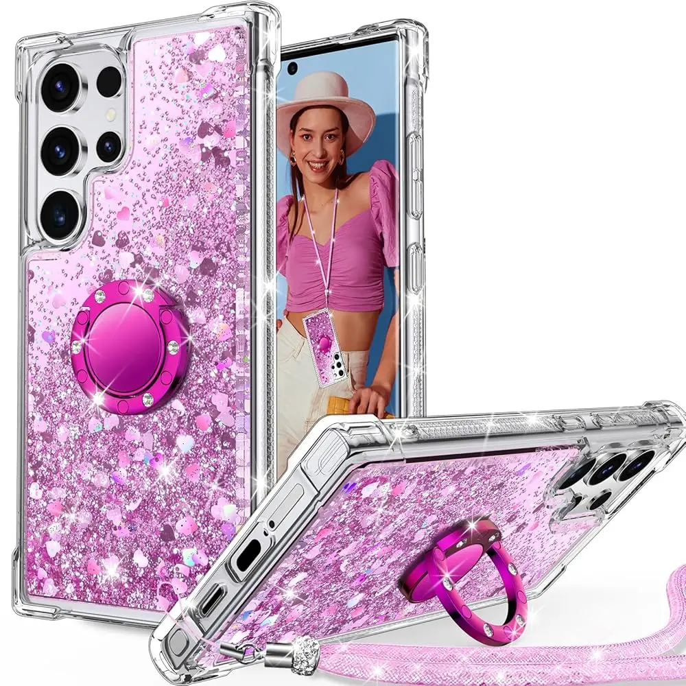 for Samsung Galaxy S24 Ultra Case with Ring, Glitter Bling Phone Cover with Stand & Lanyard, Women Girls Luxury Rhinestone Sp