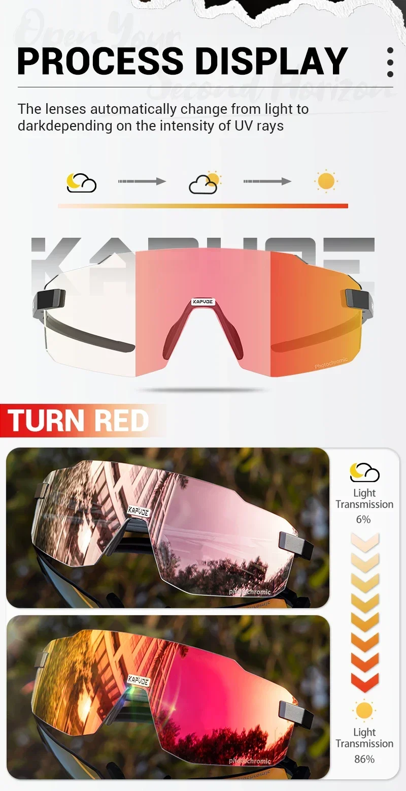 Kapvoe HD UV400 Photochrome Radfahrbrille Marathon-Fahrbrille Leichte Fahrrad-MTB-Sportbrille Winddichte Sonnenbrille – Detail 2
