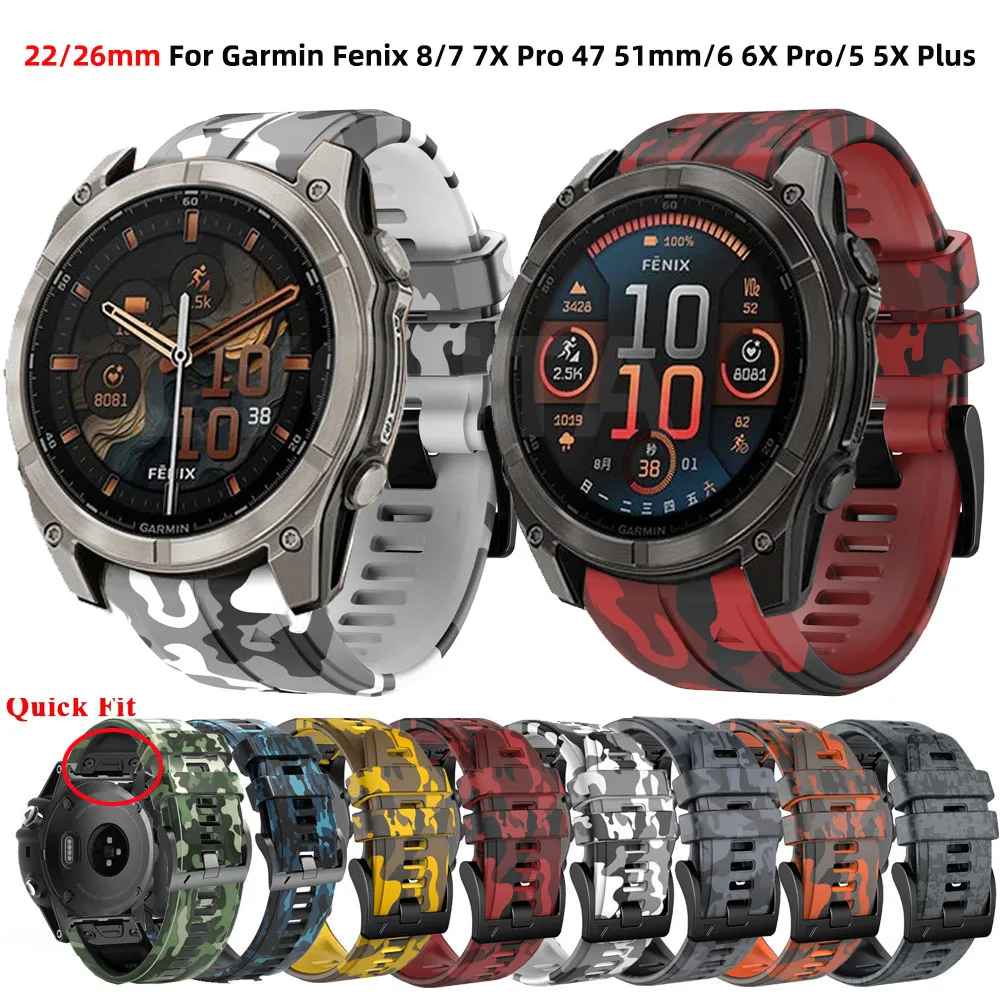 26 22mm Camouflage Silicone Watchband For Garmin Fenix 8 7 7X 47mm 51mm 6X 6 Pro 5 5XPlus Epix Quickfit Strap Bracelet Wristband