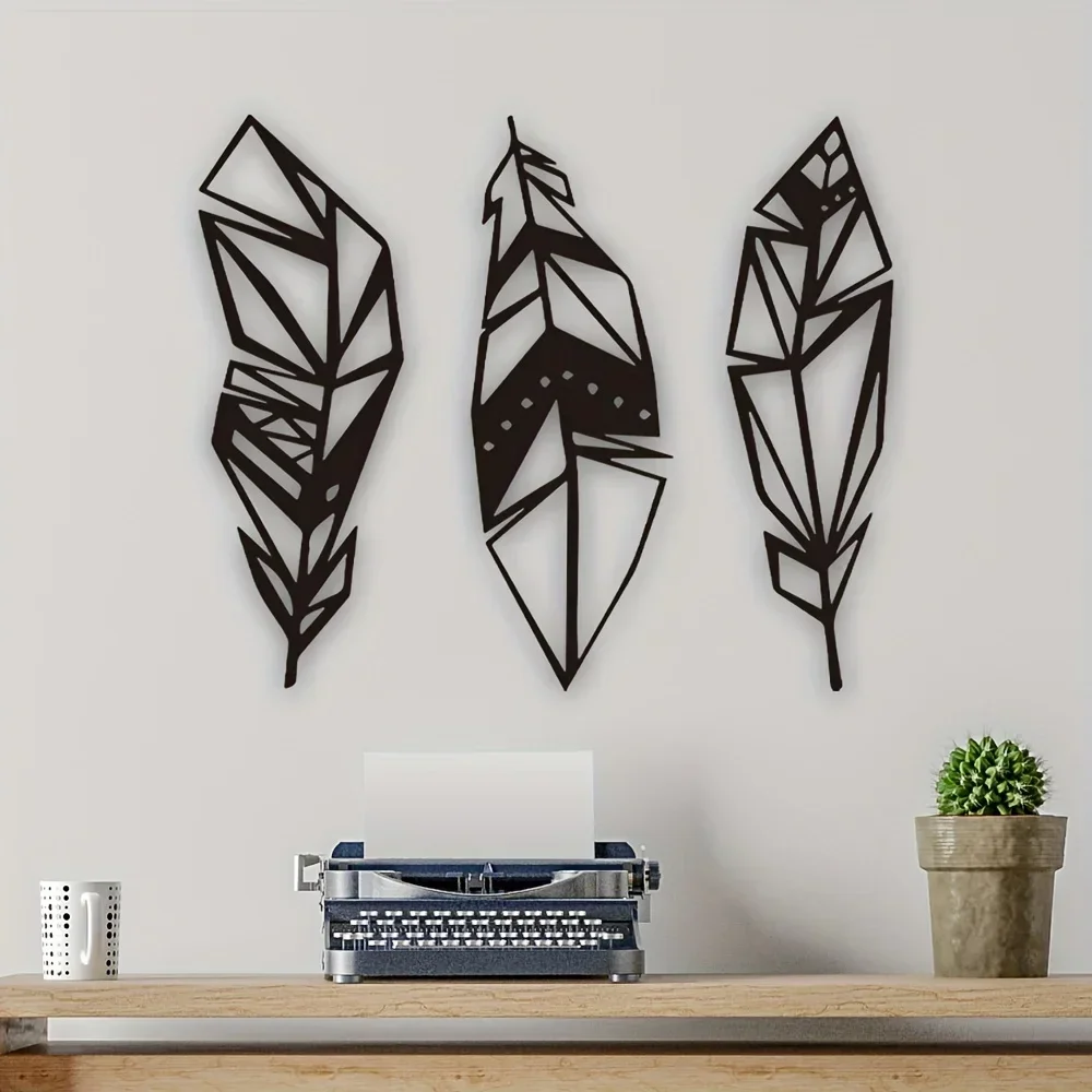 Arte de pared de Metal de plumas modernas, impresionante decoración del hogar para dormitorio y sala de estar, silueta de Arte de hierro perfecta, 3 piezas