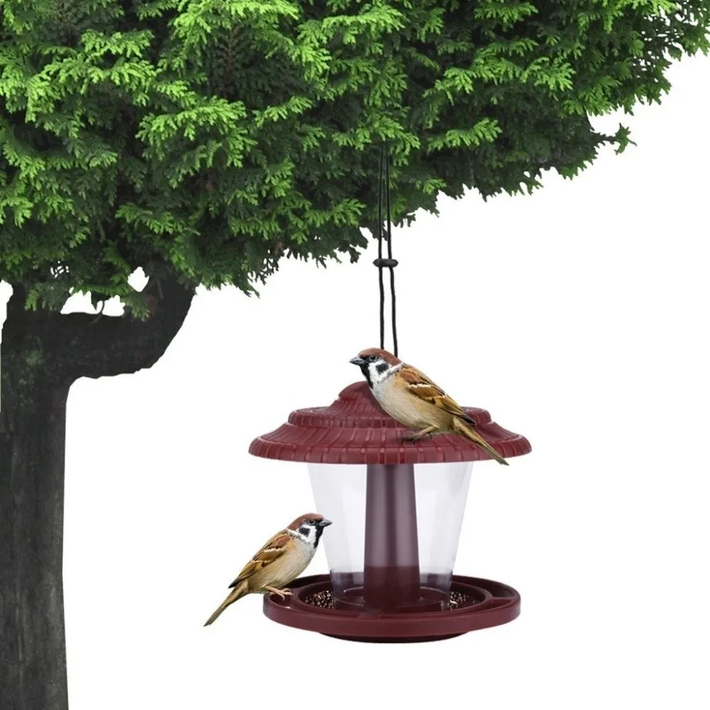 

Waterproof Hanging Wild Bird Feeder Durable Large Capacity Feeding Station with Roof Plastic Bird Food Holder Yard