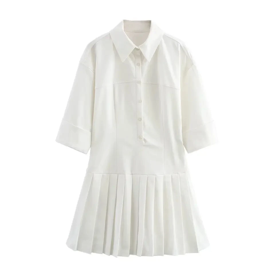 

2025 New Shirt Collar Mid Sleeve Buttons A Line Wide Hem Pleated Short Dress Women White Elegant Slimming Summer Outfit