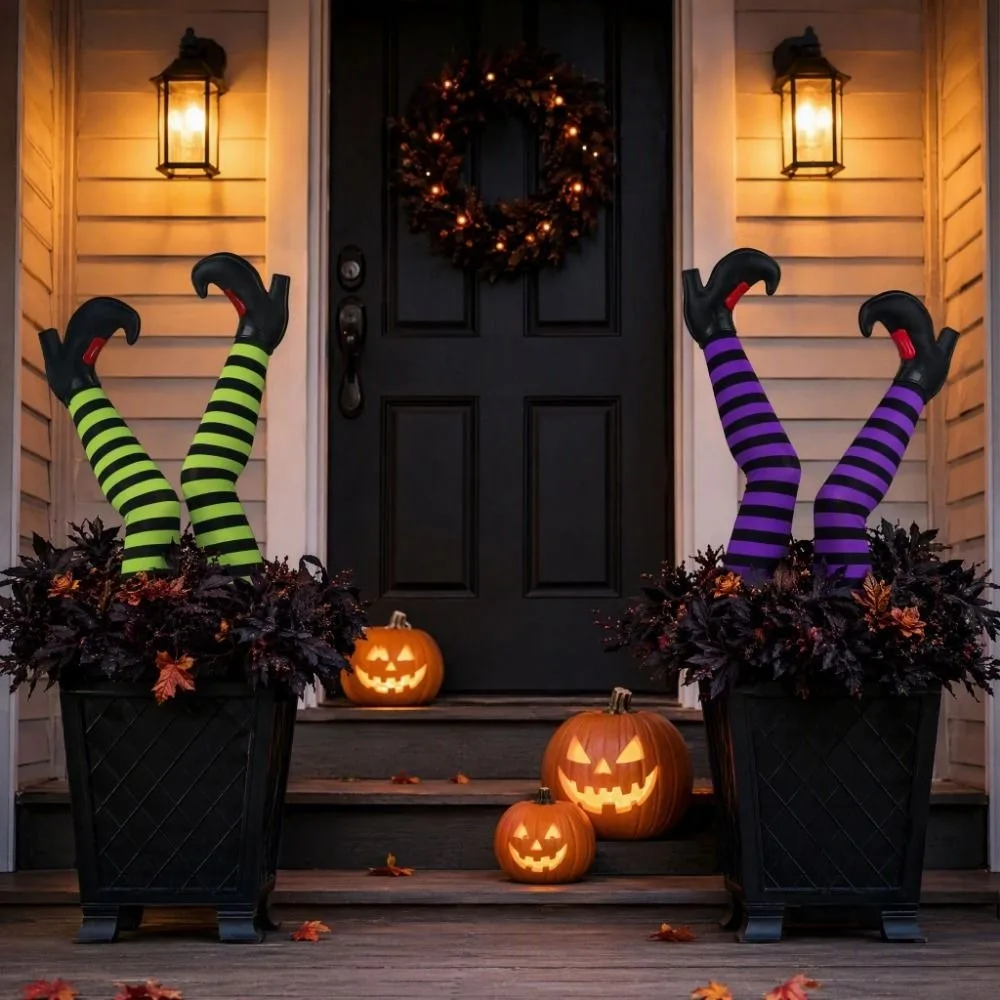 6pcs Striped Print Halloween Yard Stakes Skull Pumpkin Bat Witch Legs Decoration Outdoor Plastic Witch Feet Lawn Decor