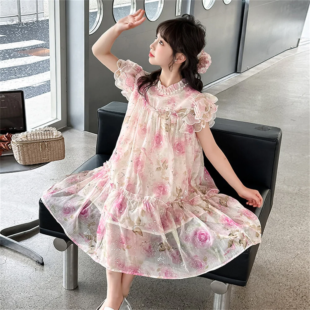 

Flower Pearl Chiffon Dress Girl's Fluffy Skirt Lace Mesh Dress Summer Baby Princess Skirt 24031