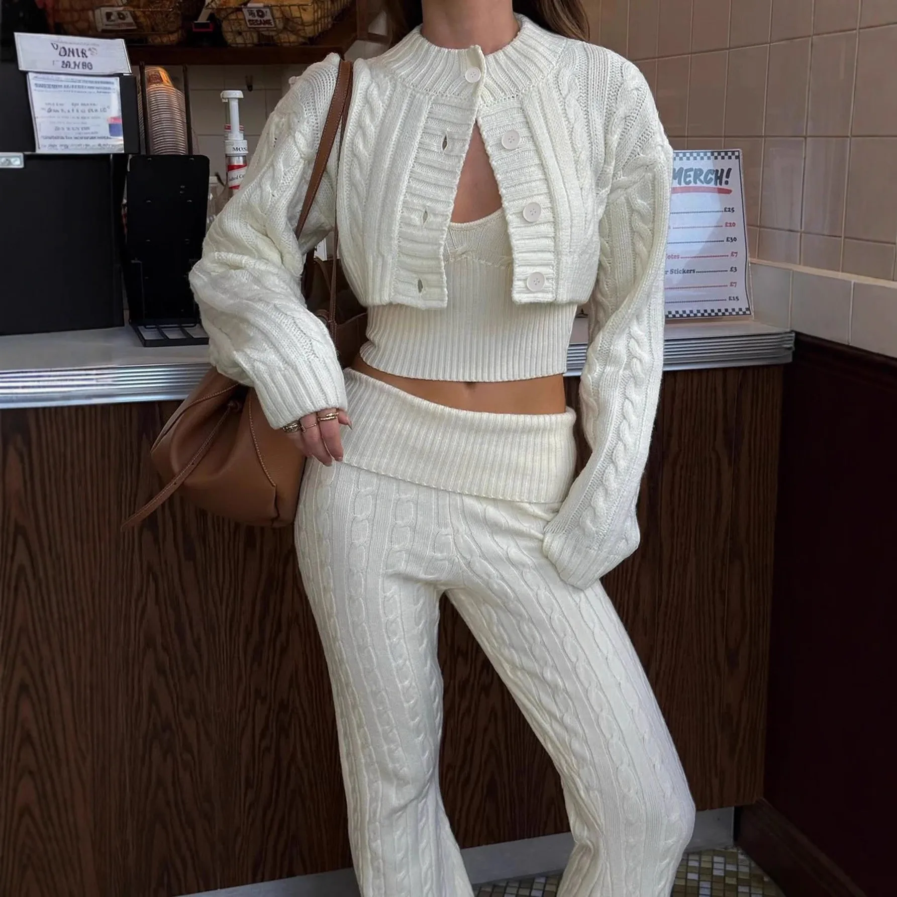 Full Length 3D Set Street with Streetwear Open Front Cardigan Long Sleeve Short Length Geometric Pattern Women Winter Set