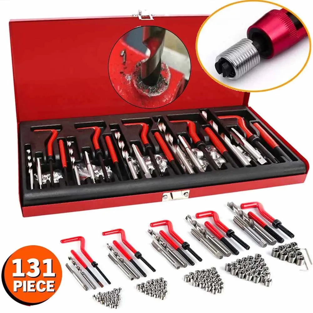 131Pieces Metric HSS Drill Helicoil Thread Repair Kit M5 M6 M8 M10 M12 Threaded Tool Twist Drill Bit Set with Red Case