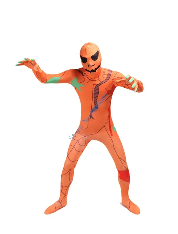 Halloween Cosplay Catsuit Kostüm Orange Kürbis Druck Lycar voller Bodysuit