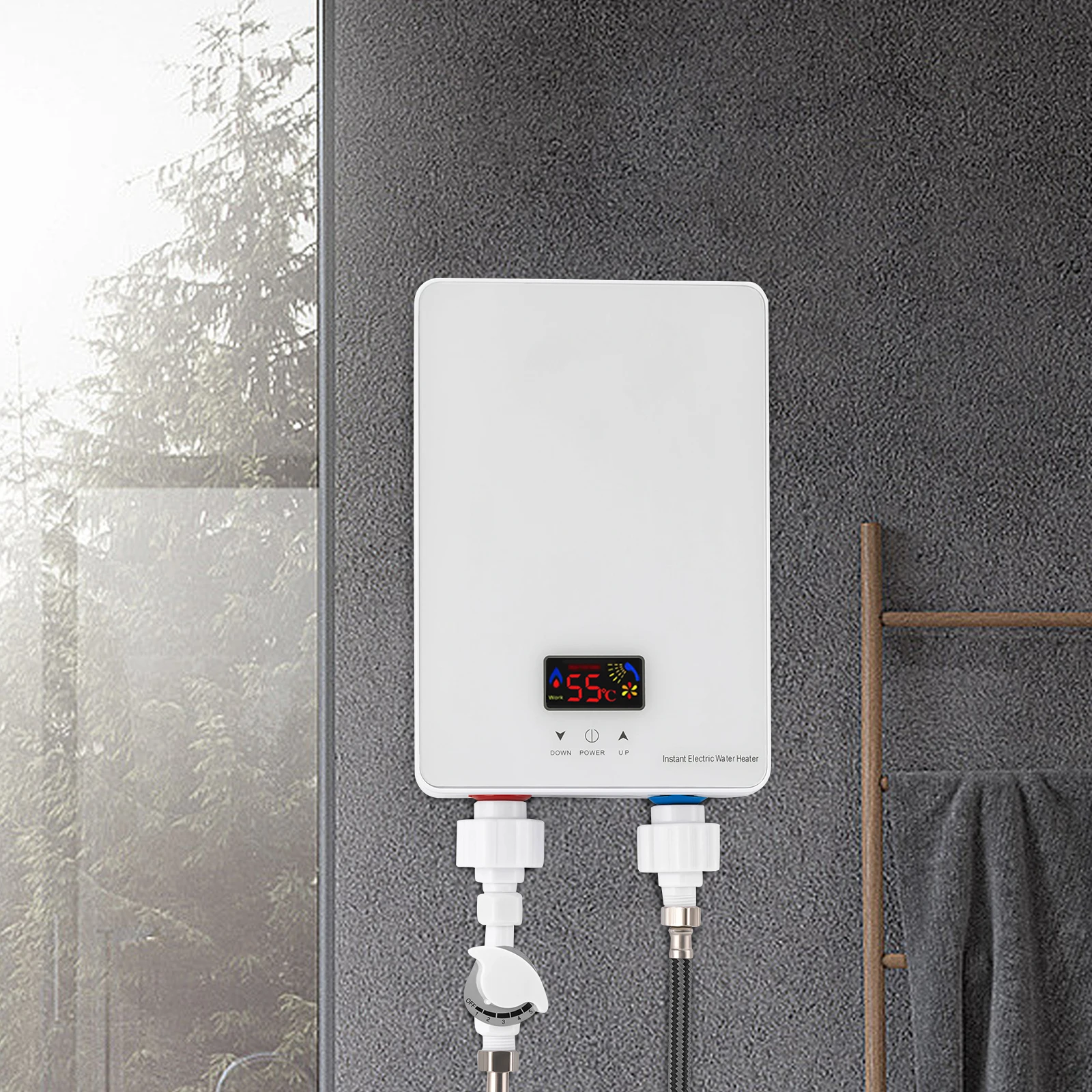 Chauffe-eau instantané 6Kw, en acier inoxydable blanc, commande tactile verticale avec robinet rotatif
