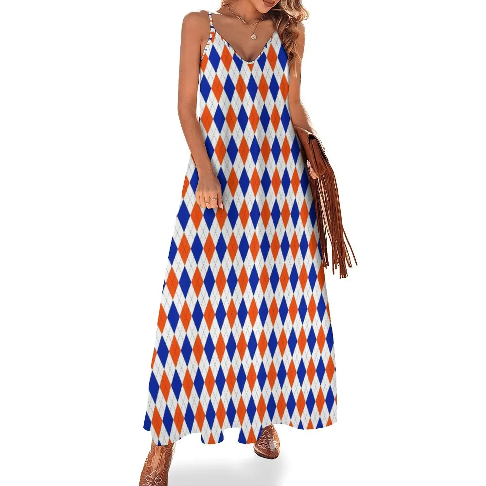 Orange and Blue Traditional Argyle All Over Print Sleeveless Dress Summer women's clothing summer dresses for women 2024 Dress