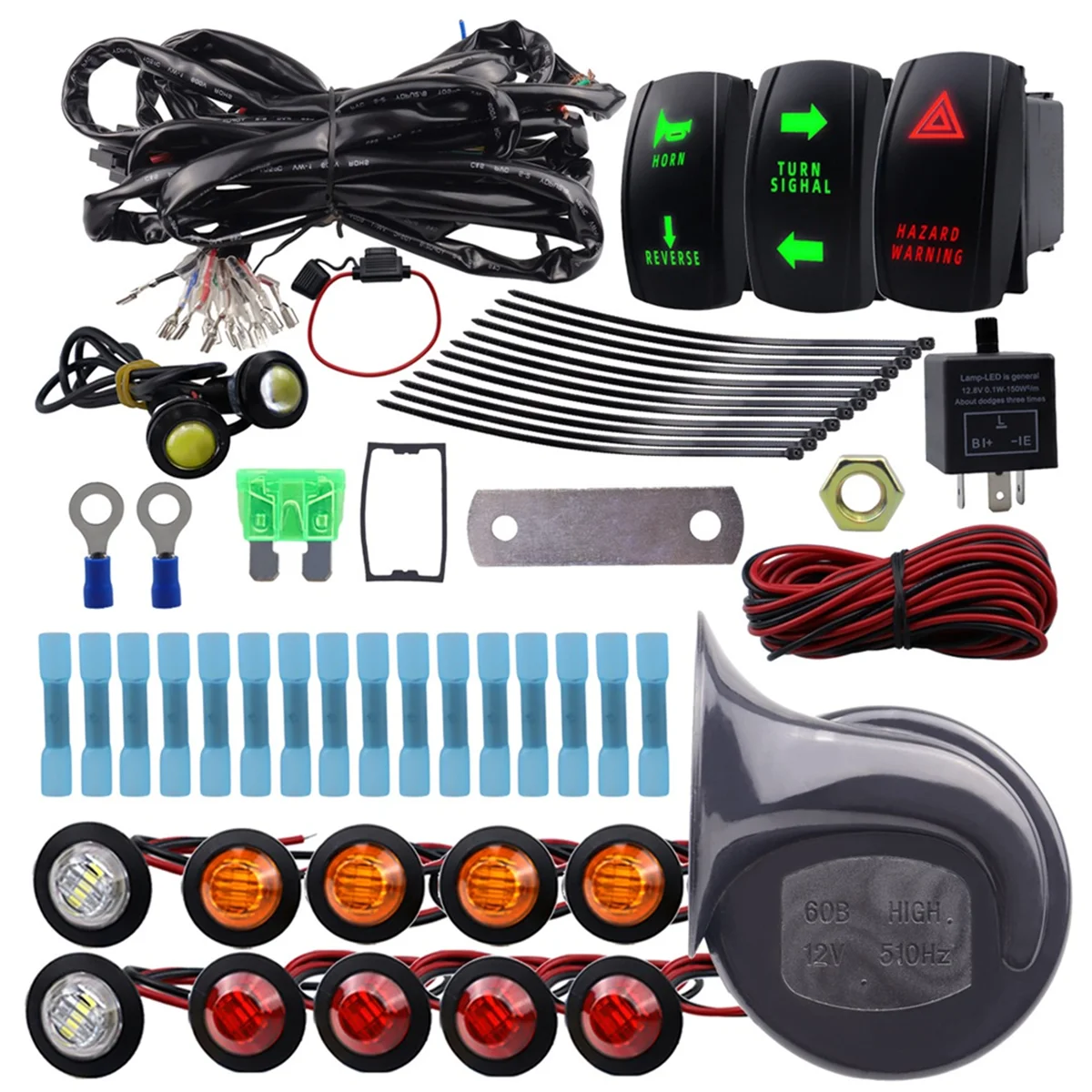 ATV UTV Turn Signal Kit Universal Turn Signal Light with Column Turn Switch 60D Horn LED Flasher Kit