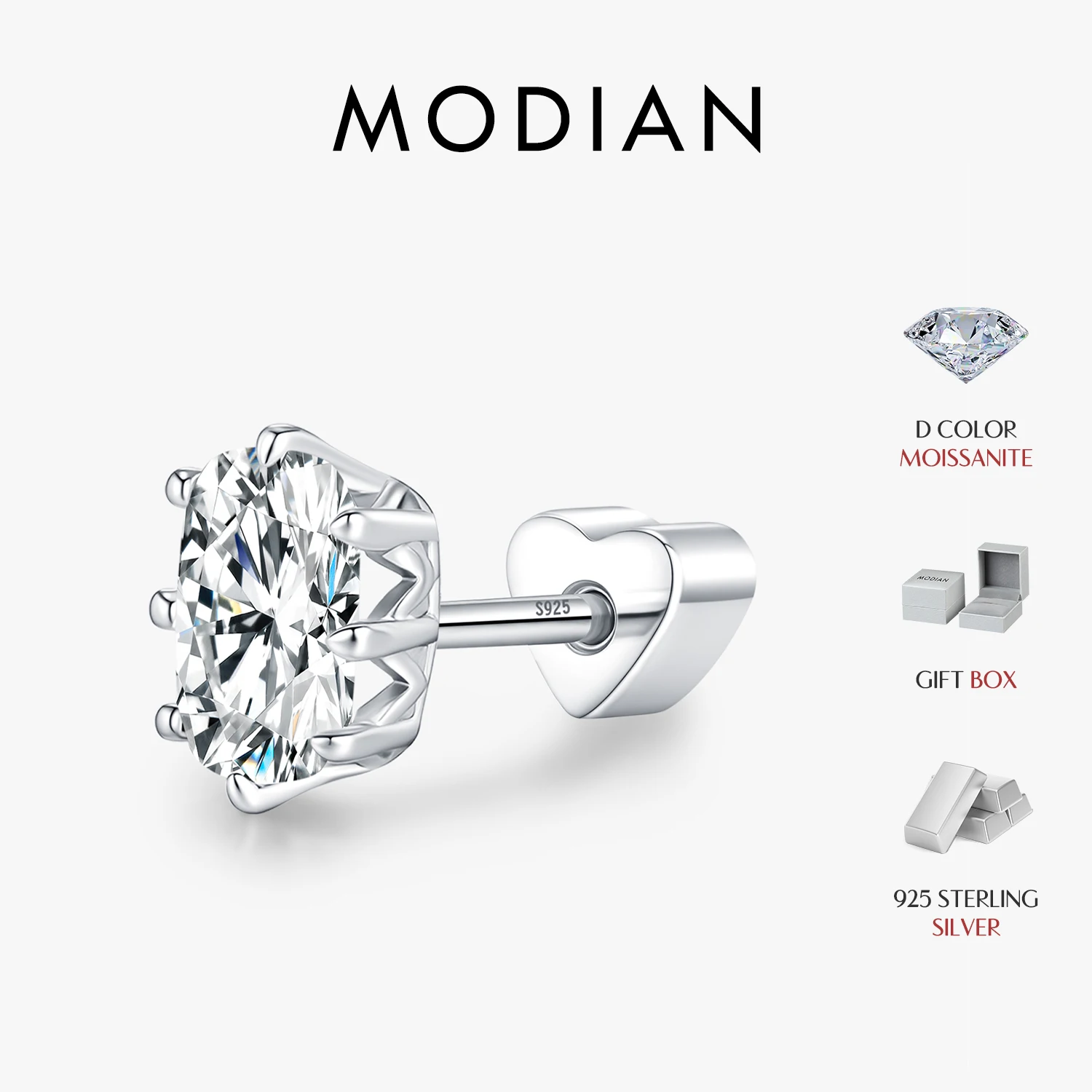 

MODIAN Crown Moissanite Cartilage Earrings 925 Sterling Sliver Oval Lab Diamond Heart Screw Stud Earrings For Women Fine Jewelry