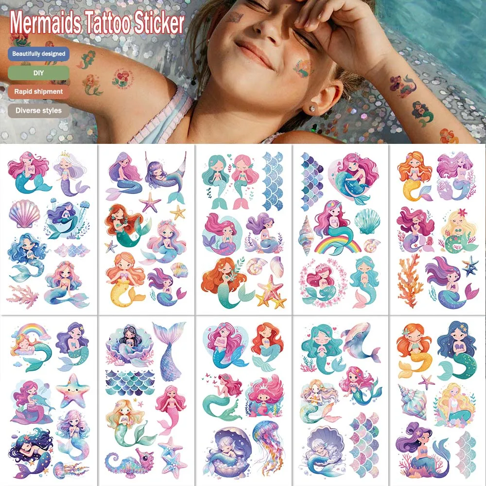 10pcs/set Cute Mermaid Tattoo Sticker Birthday Party Daily Party Disposable Tattoo Stickers