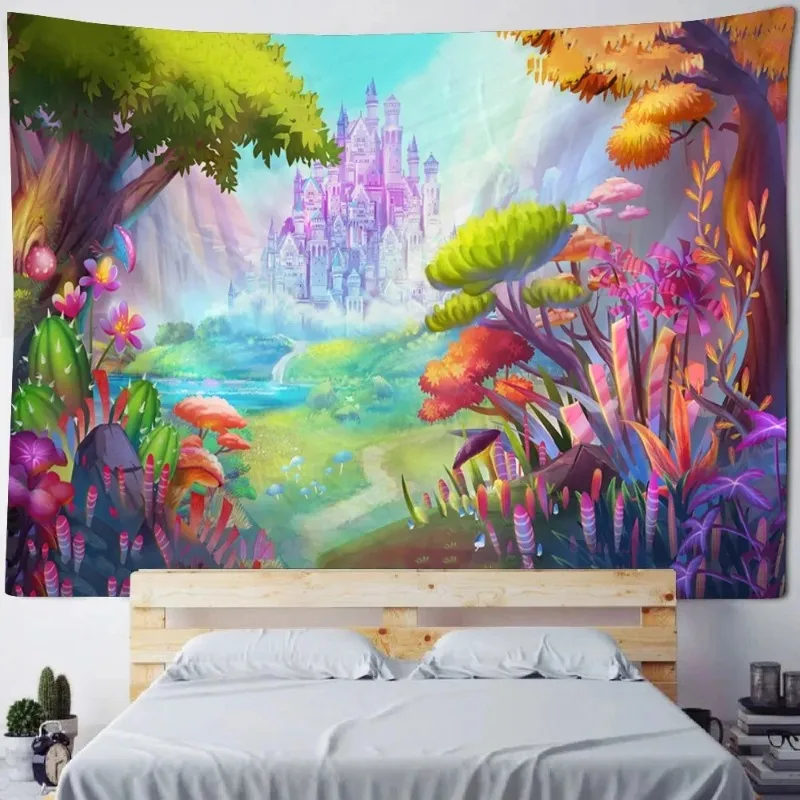 

Home Decor Psychedelic Landscape Tapestry Mushroom Forest Castle Wall Hanging Bedroom Living Room Hippie Cartoon 180x320cm