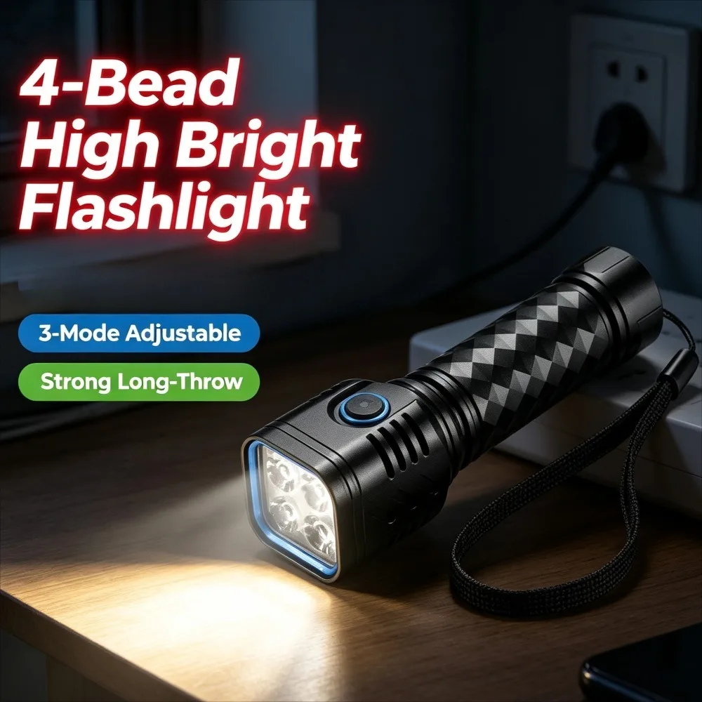 Portable 4‑Bead Fixed‑Focus High‑Lumen Flashlight Aluminum Alloy Torch USB Rechargeable 3‑Gear Dimmable for Outdoor Lighting