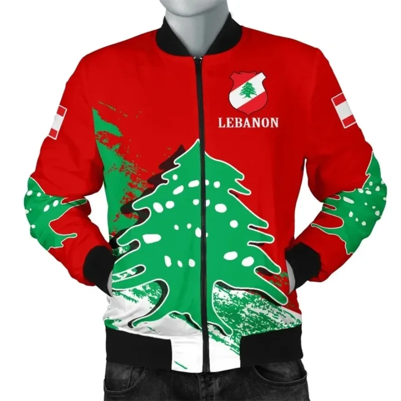 Men's Vintage Lebanon Flag Pattern Printed Zip Up Jacket Coat Long Sleeve Oversized Loose Hoodies For Men Jaqueta Masculina