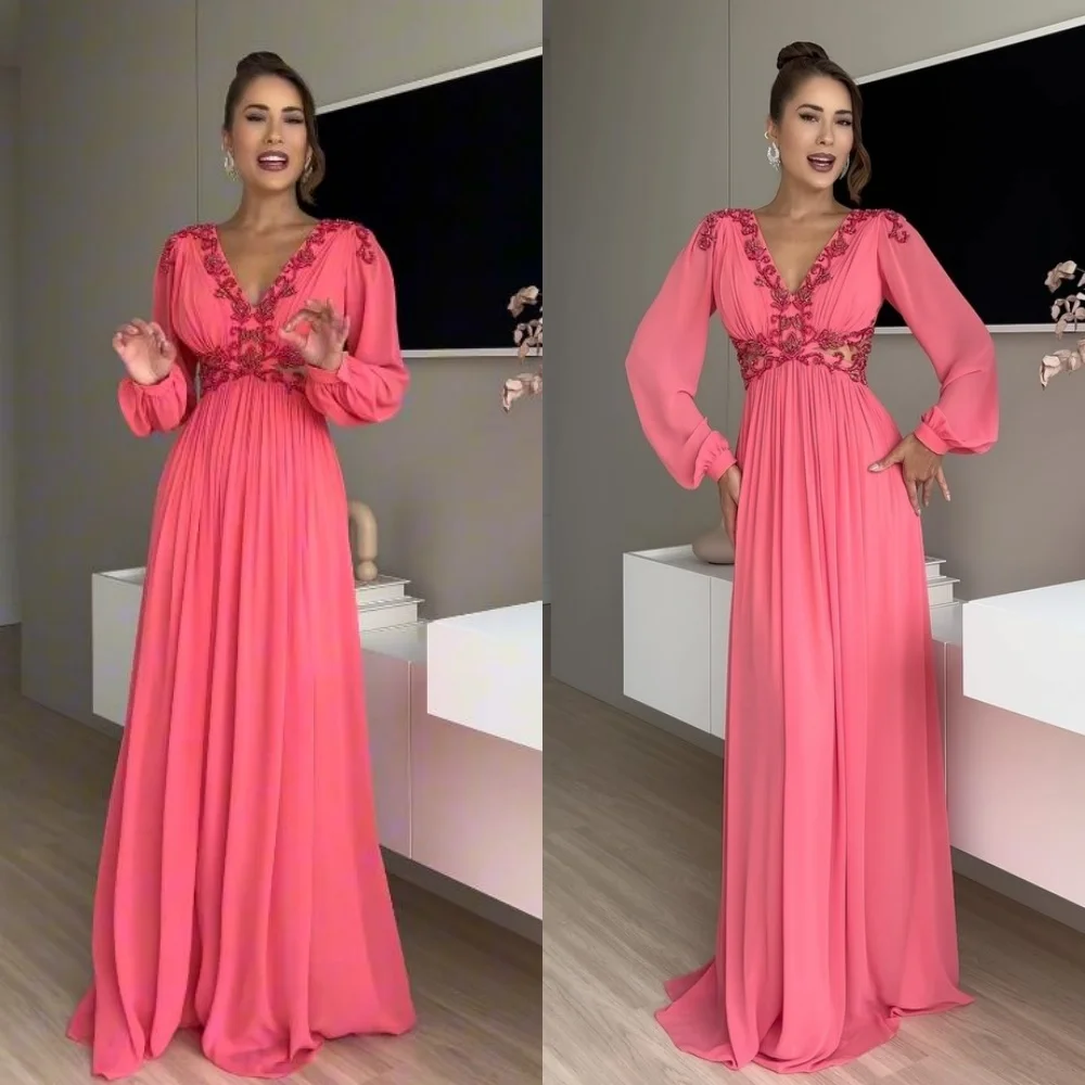 

Customized Jiayigong High Quality Evening Chiffon Beading Draped Pleat Celebrity A-line V-Neck Bespoke Occasion Gown Long Dress