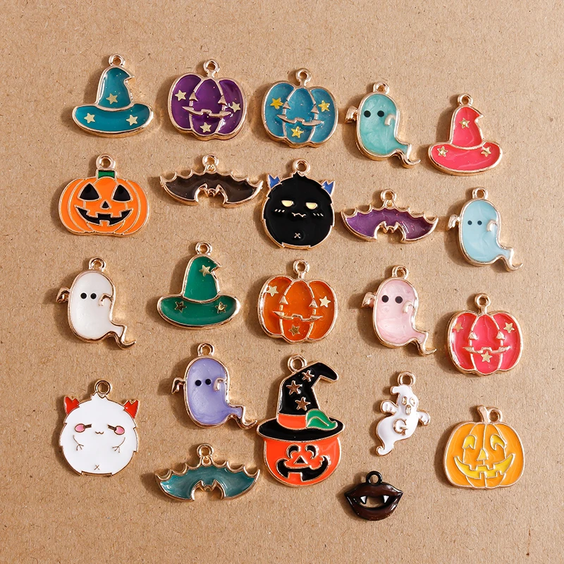 10pcs /Lot Enamel Halloween Charms for Jewelry Making Bat Pumpkin Ghost Charms Pendant DIY Necklace Earrings Gift Accessories