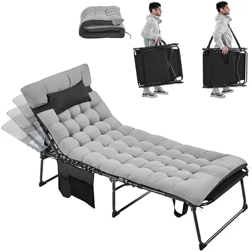5 Position Folding Tanning Chair, Outdoor Chaise Lounge Chair with Pad for Beach Patio Poolside Lawn(Black)