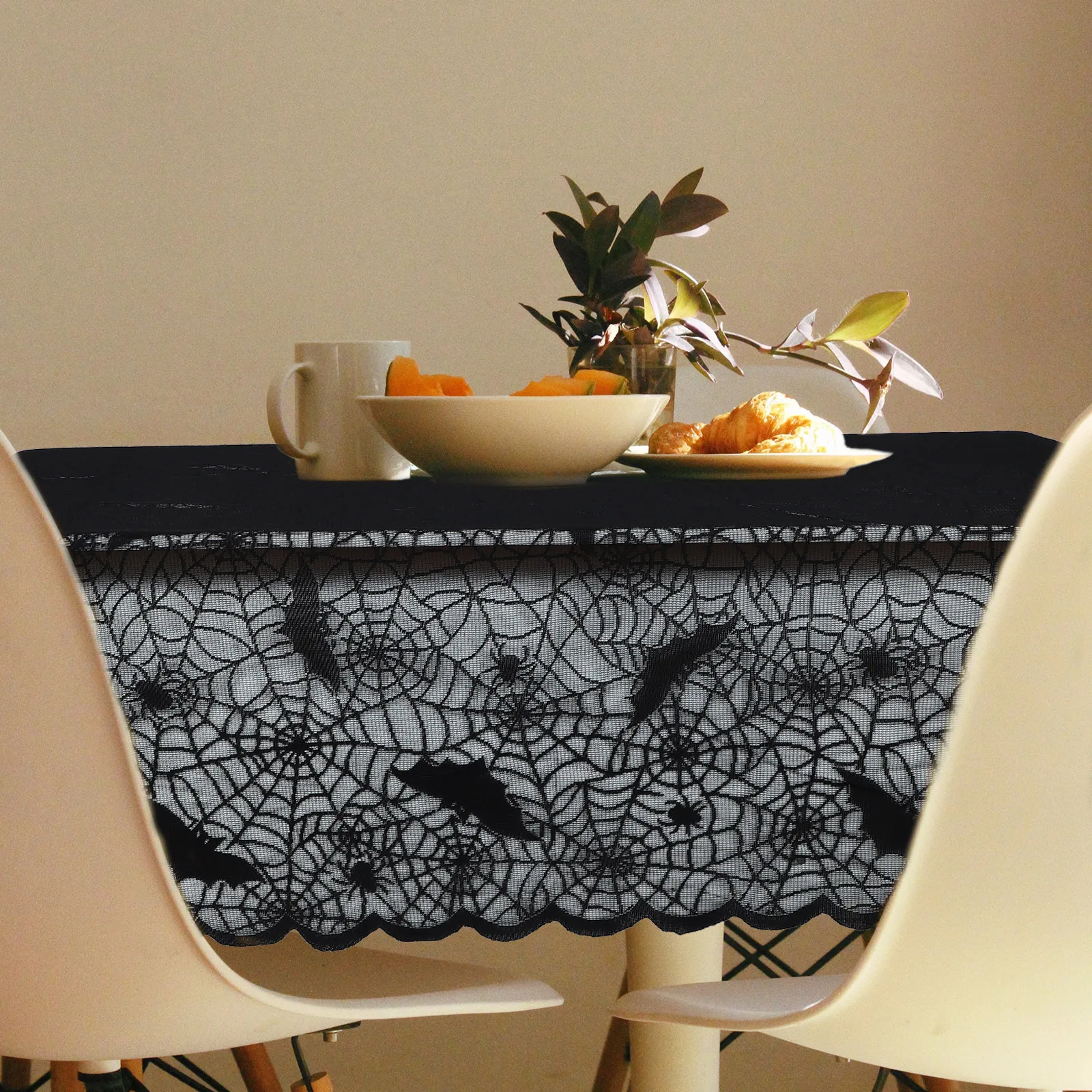 

Halloween Spider Web Tablecloth Black Polyester Lace Decoration Washable ReusableHaunted House Party Carnival Event